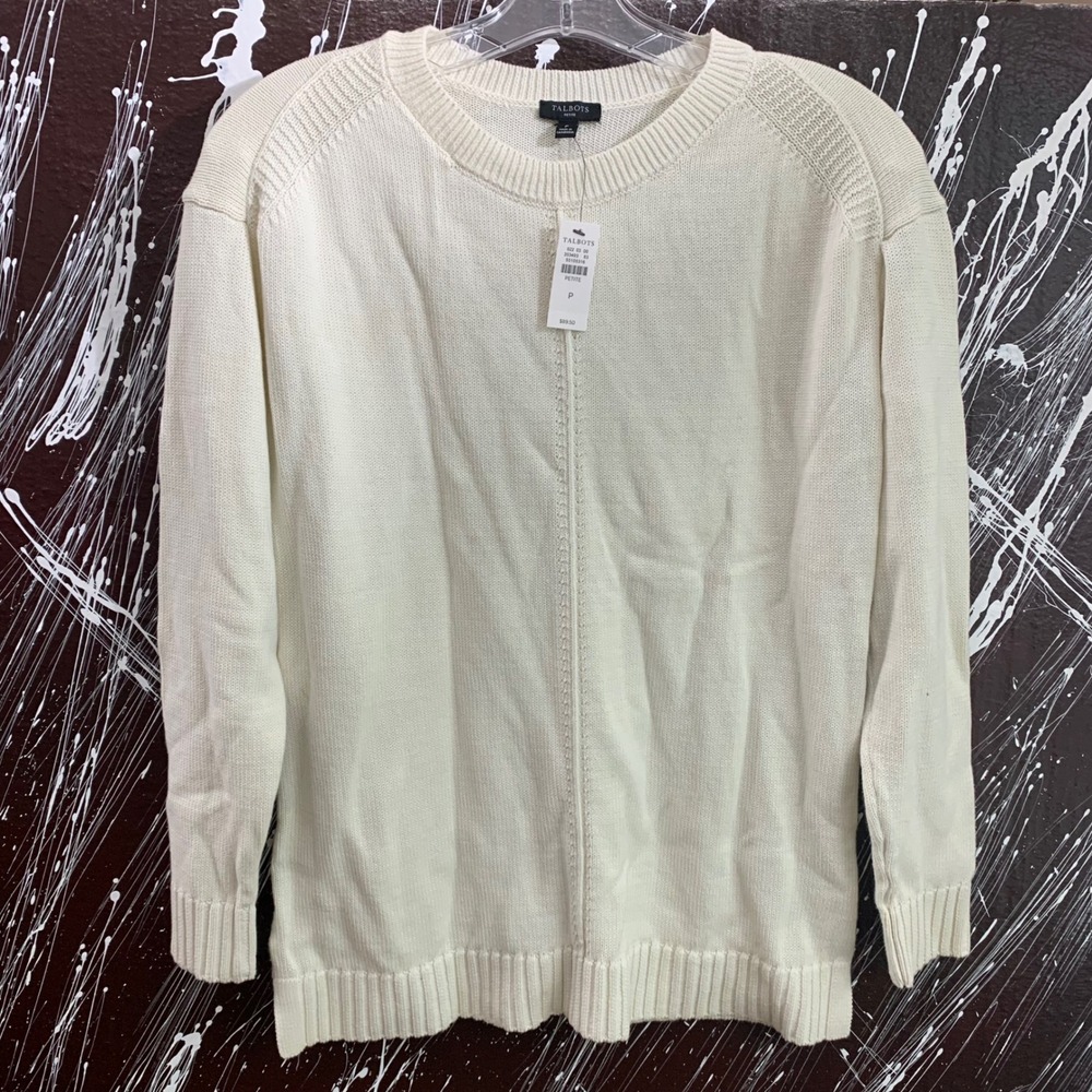Talbots Petite Cream White 100% Cotton Shaker Knit Crewneck Sweater Size P NWT